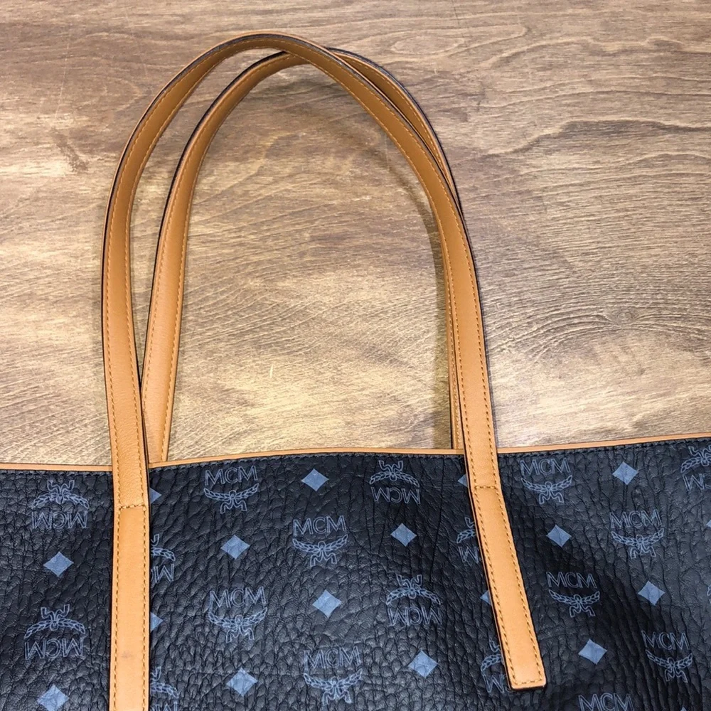 Black Patterned Tote Bag with Tan Handles